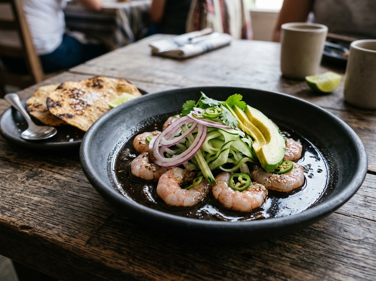 Sinaloan Black Aguachile with Butterflied Shrimp - Editorially validated guide on Cocinanding