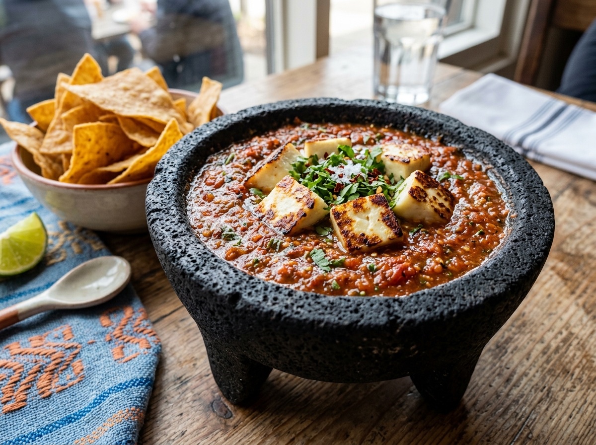 Charred Molcajete Salsa with Seared Panela Cheese - Editorially validated guide on Cocinanding