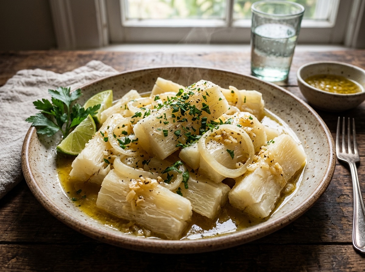 Boiled Yuca with Sizzling Garlic Citrus Mojo - Editorially validated guide on Cocinanding